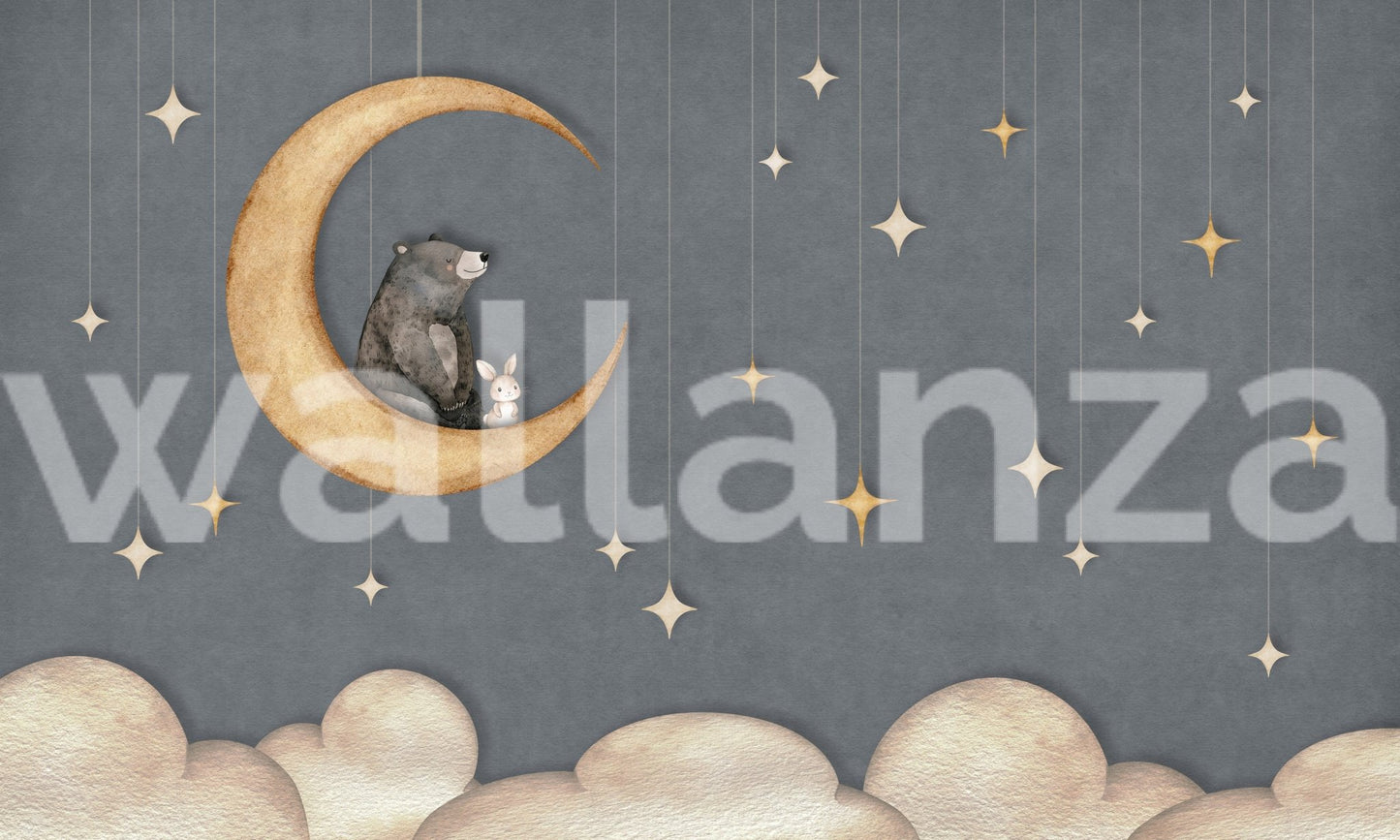 Bear on The Moon Blue Wall Mural used as a feature wall in a child’s room.
