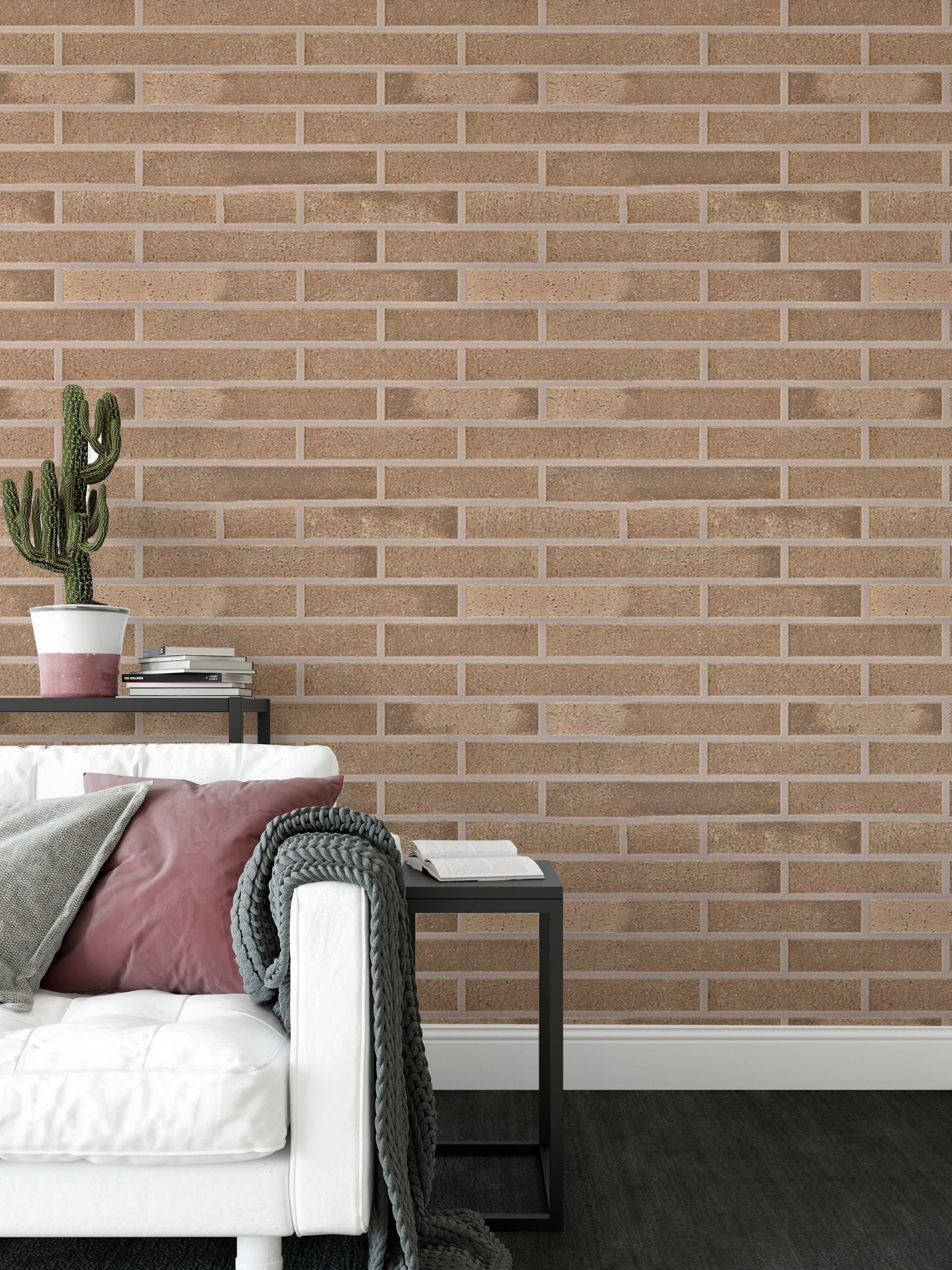 Elegant beige brick adhesive wallpaper for living room interiors.