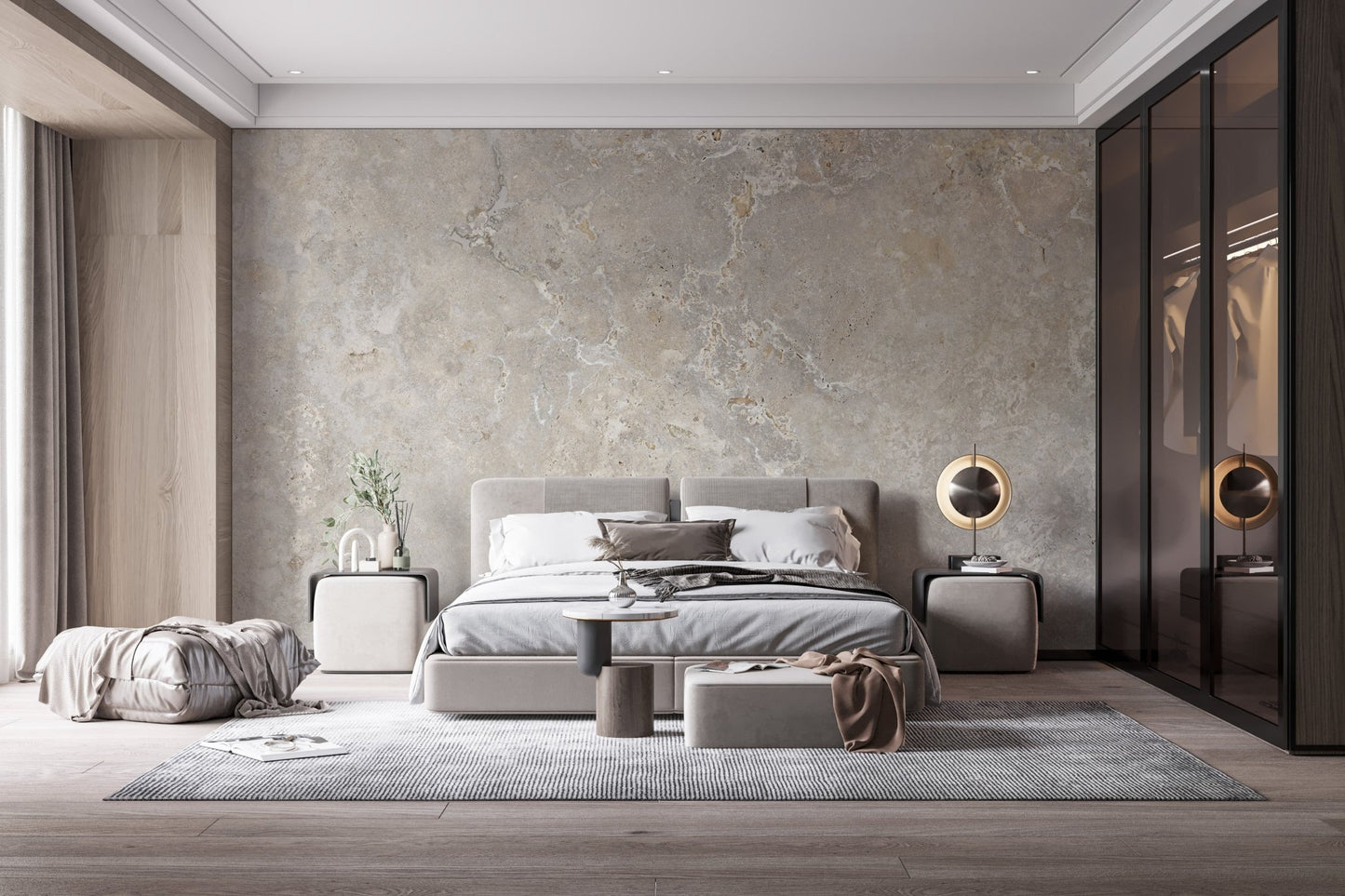 Large scale marble pattern wall mural in a contemporary bedroom suite