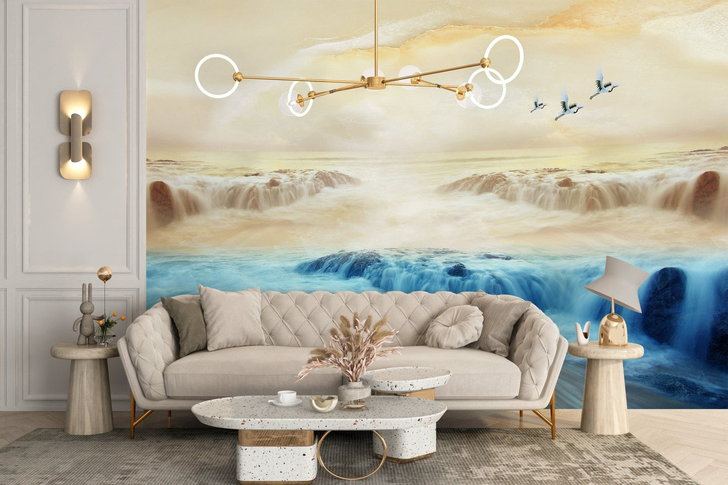 Serene nature scenery wall mural with cranes and flowing waterfall view on living room.