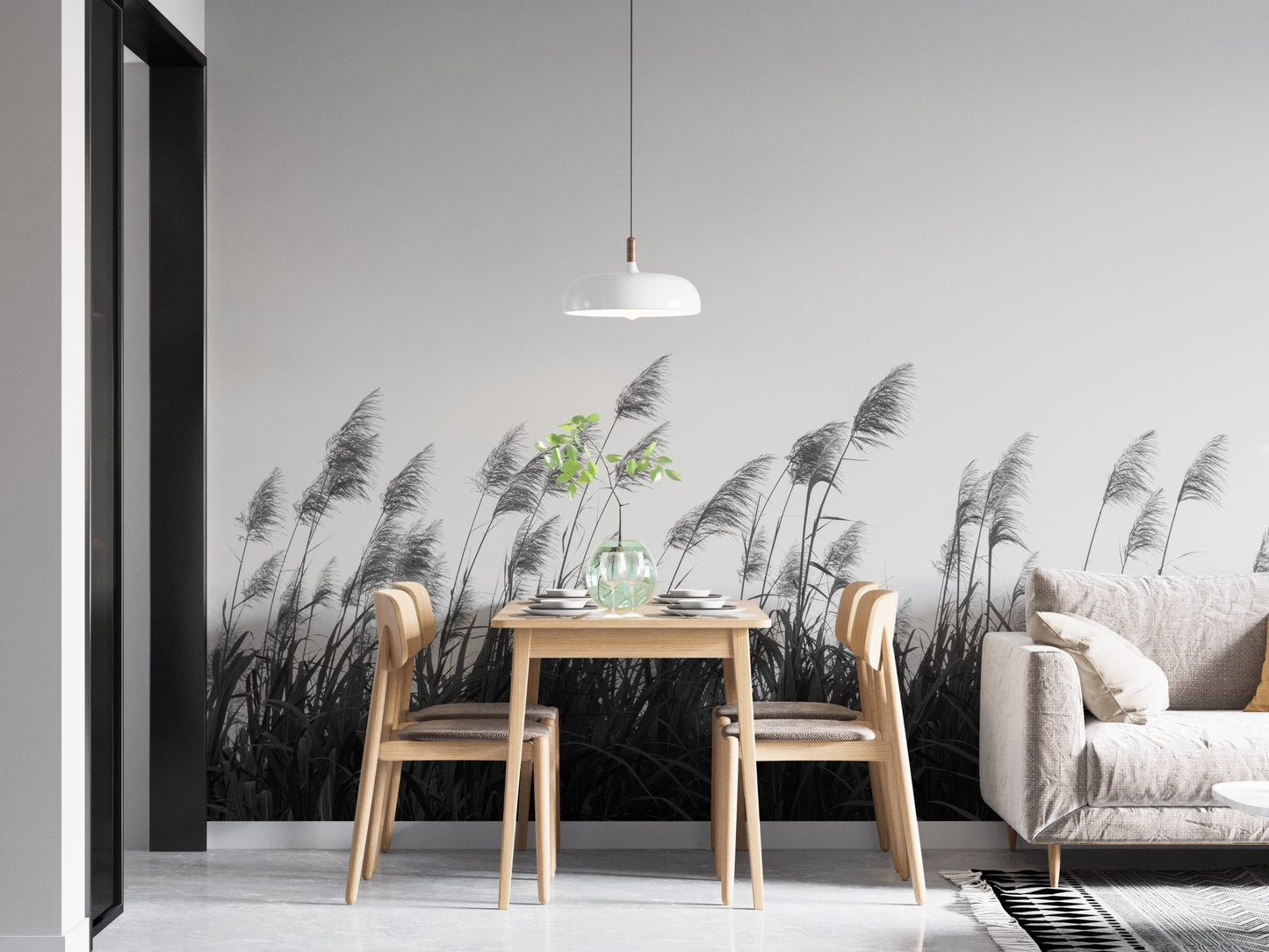 Minimalist dining room with pampa herbs wall mural.