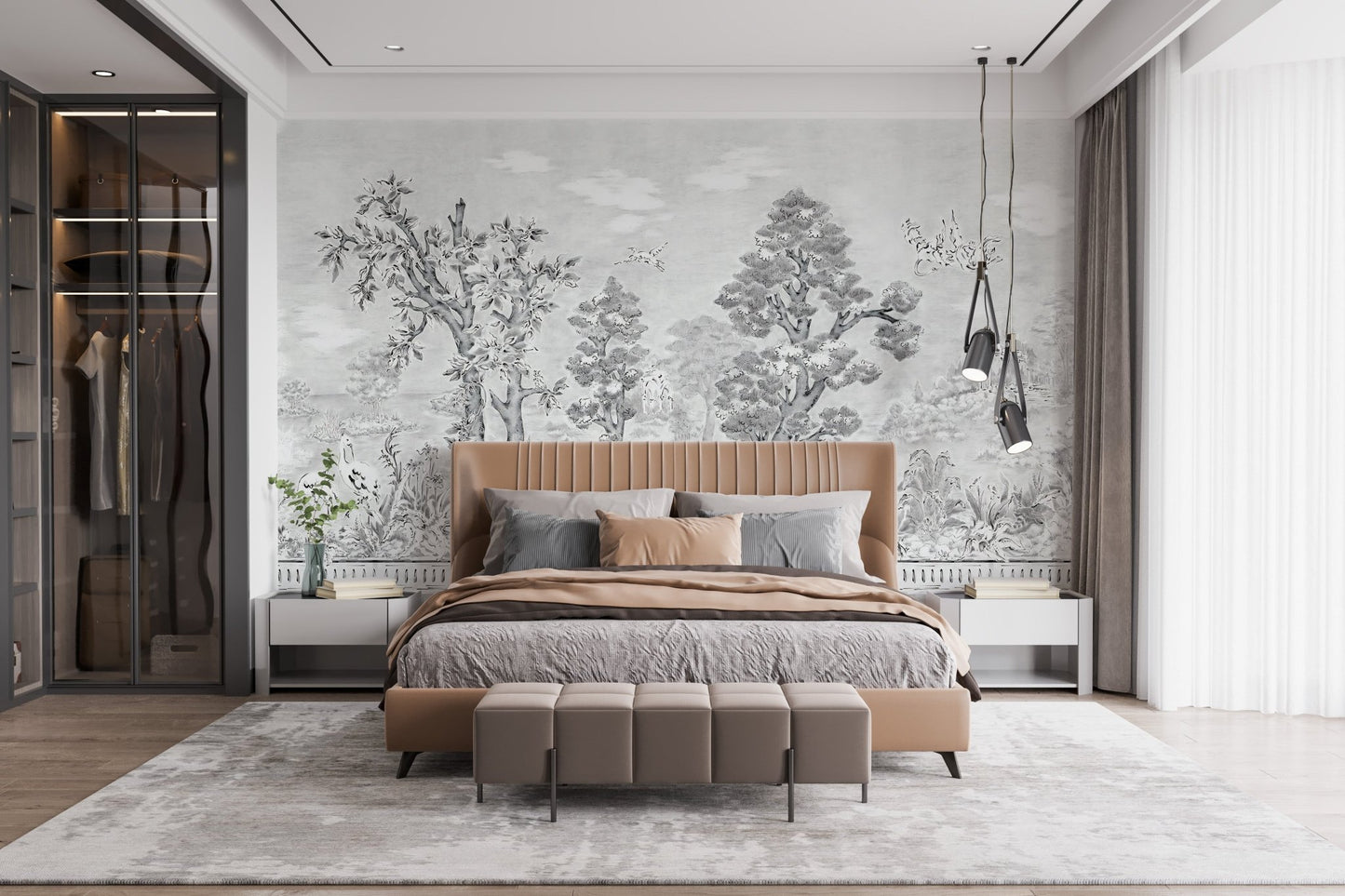 Tropical tree sketch wall mural in a master bedroom with dark wood accents.