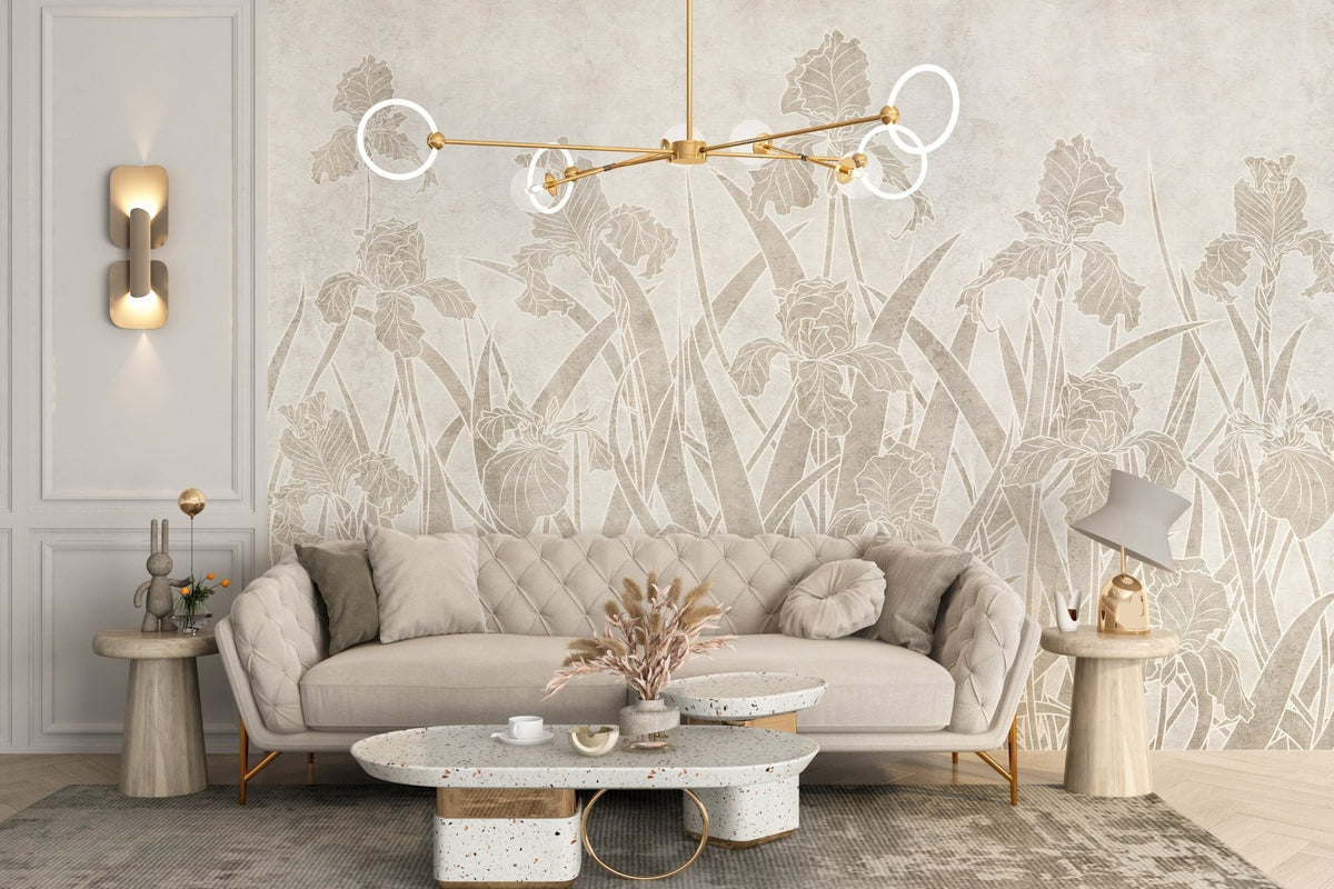 Flower wall mural in living room with curved sofa and marble coffee table.