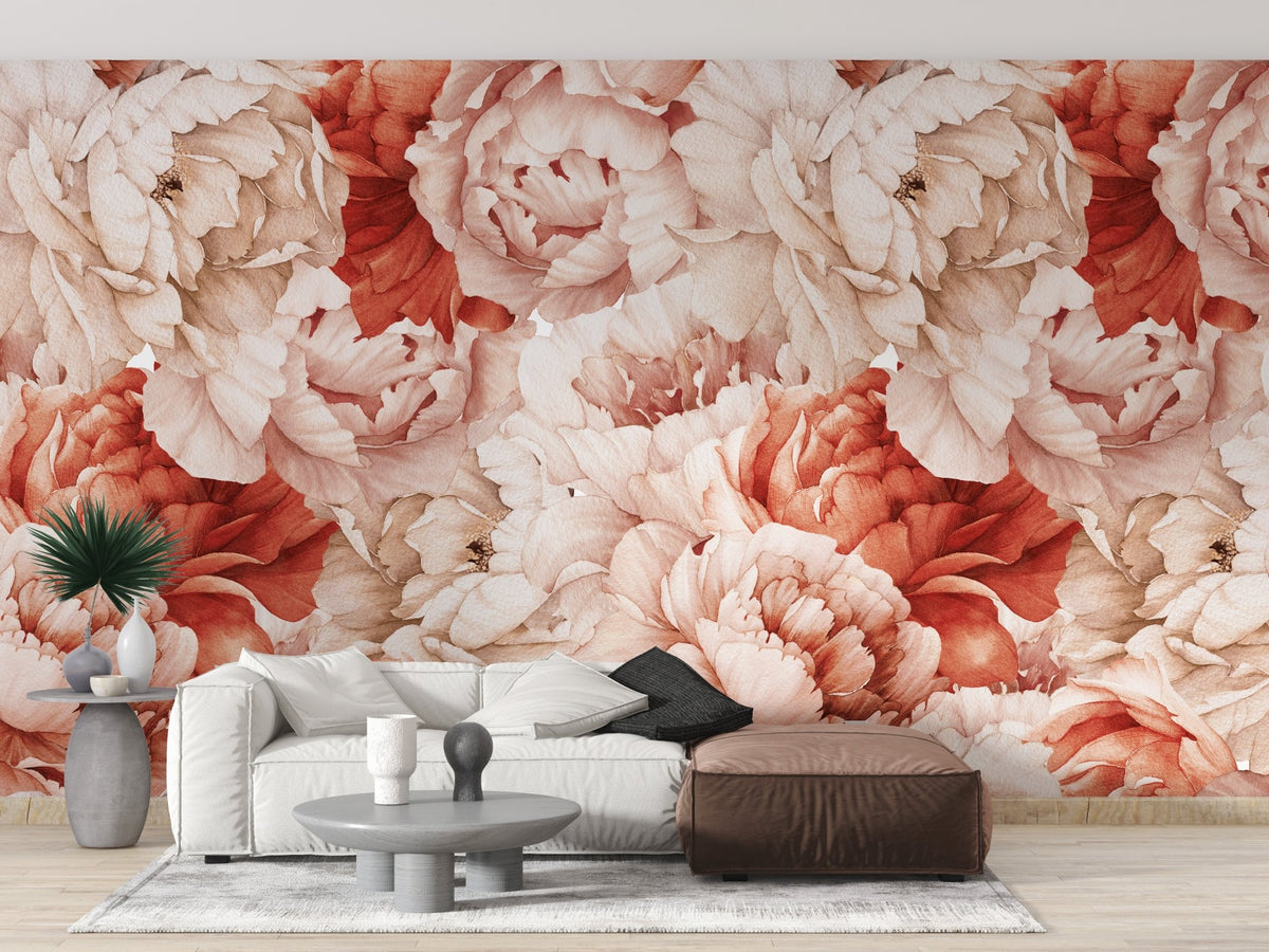 Floral pattern wall mural behind a white couch in a modern living area.