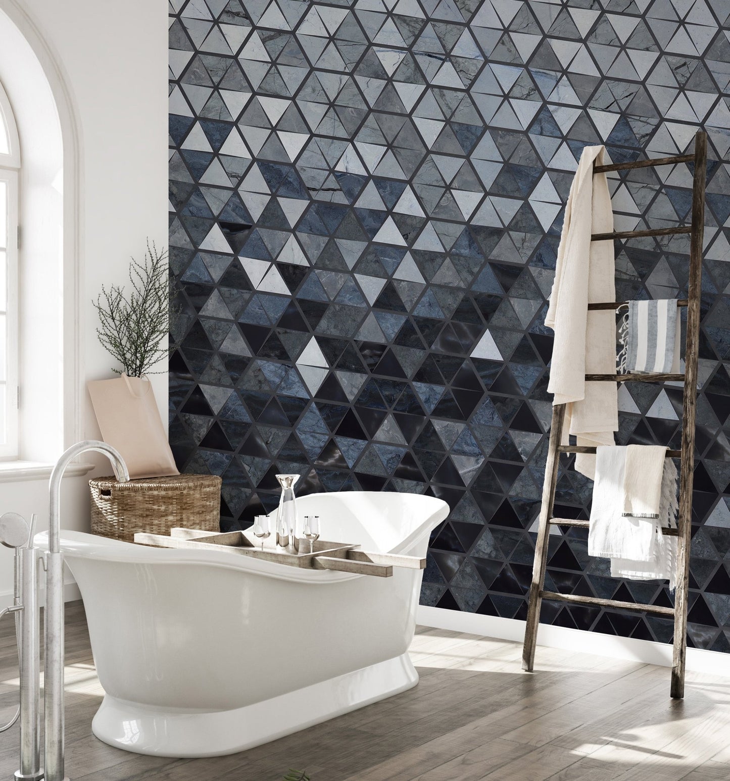 Bathroom interior with wooden accents and dark triangle pattern wall mural.