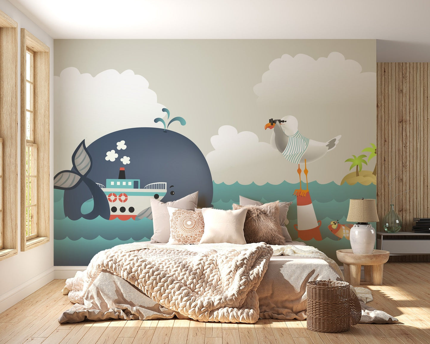 Sunlit bedroom with beige bedding and a blue whale wall mural design.