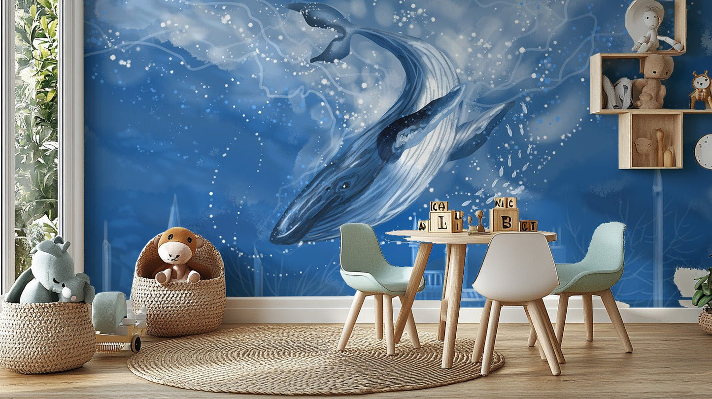 Serene blue wall mural in a playroom with a small table and chairs.