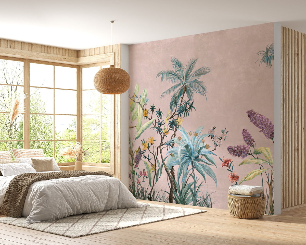Sunlit bedroom with tropical boho flower wall mural and wood flooring.