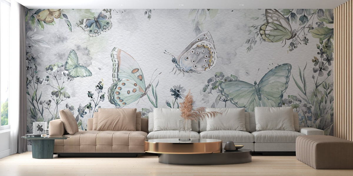 Soft wildflower and butterfly wallpaper in subtle green wall mural.
