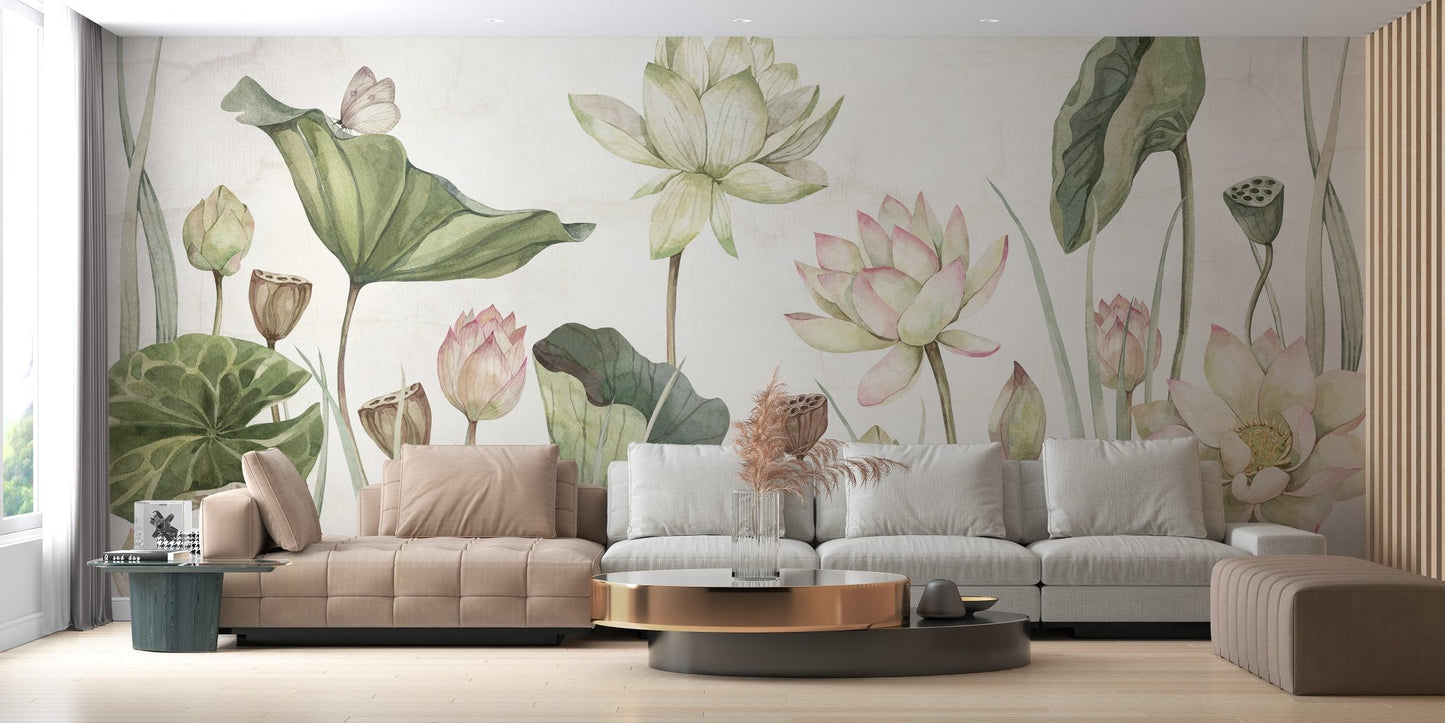 Botanical serenity mural with graceful water lilies.