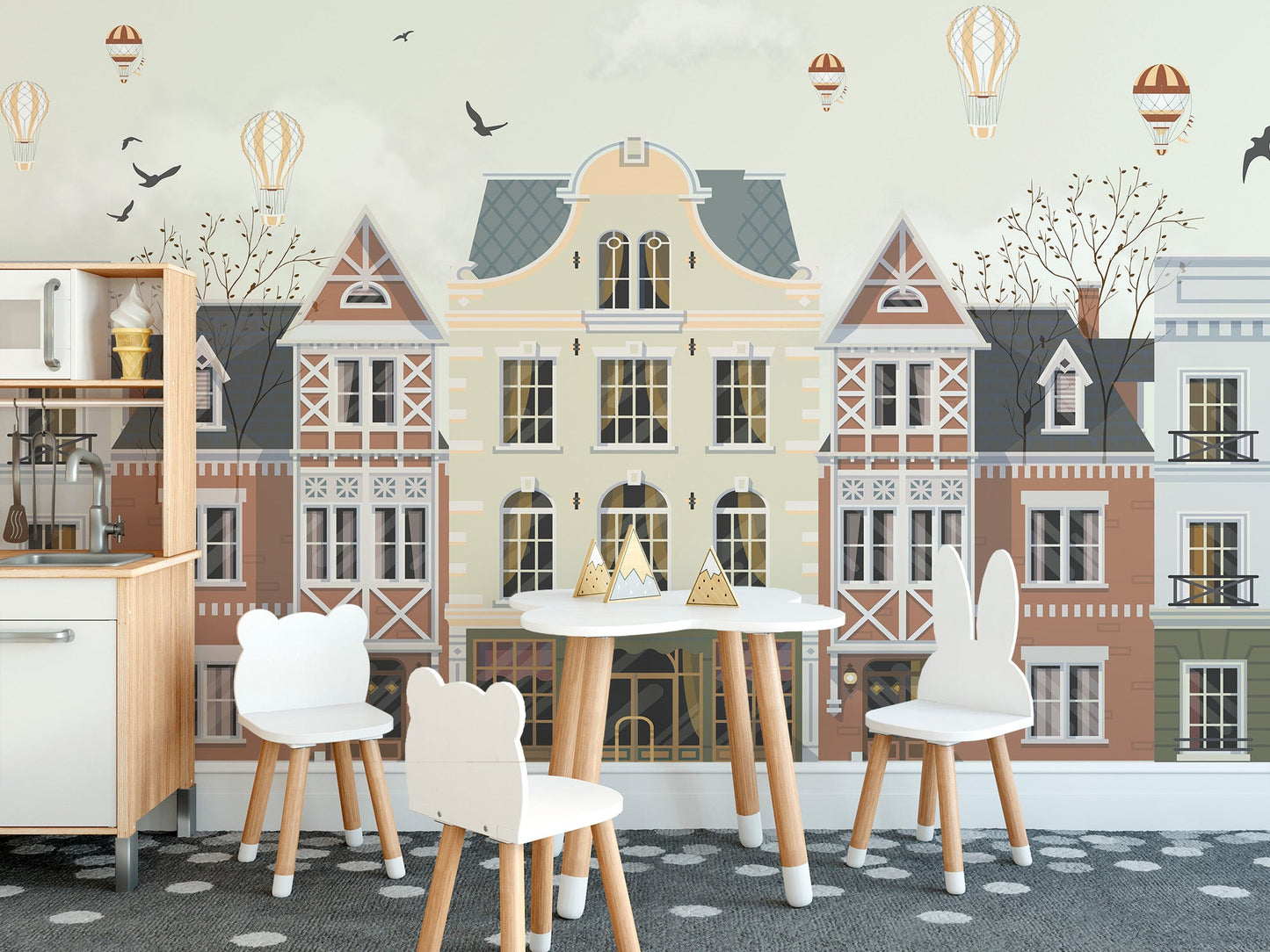 Classic urban rowhouse wall mural with subtle sky backdrop.