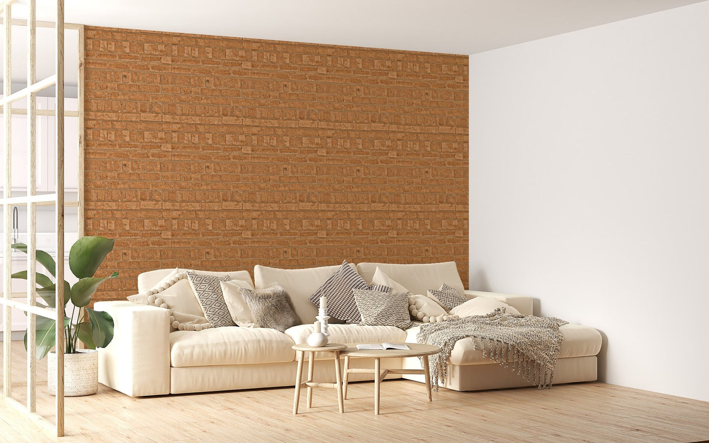 Warm brown brick texture wallpaper for cozy living room interiors.