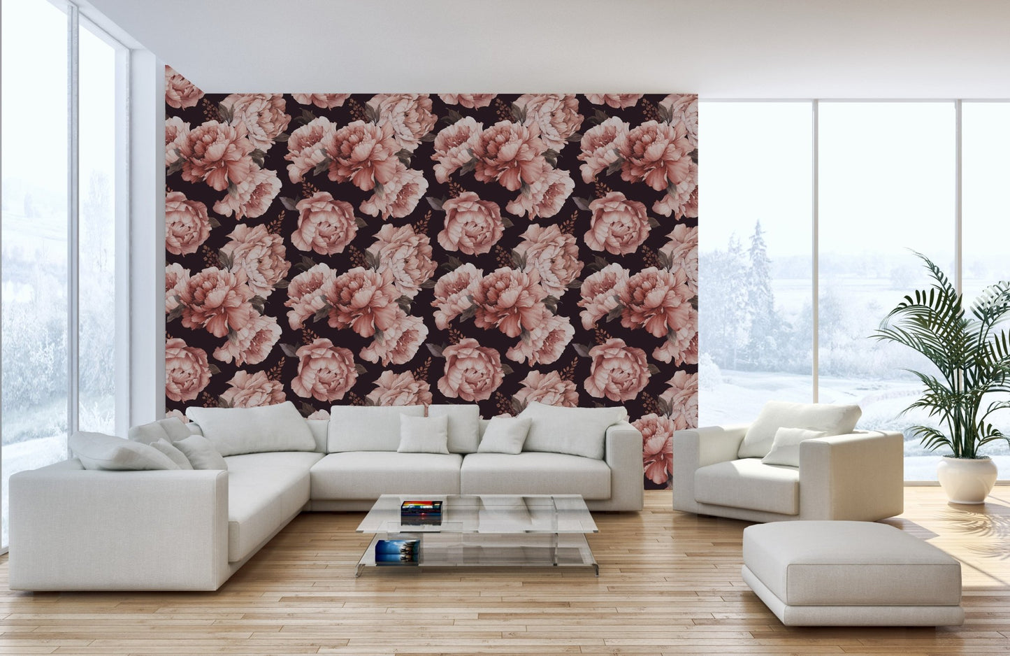 Office space accented with Petals Watercolor wallpaper mural.