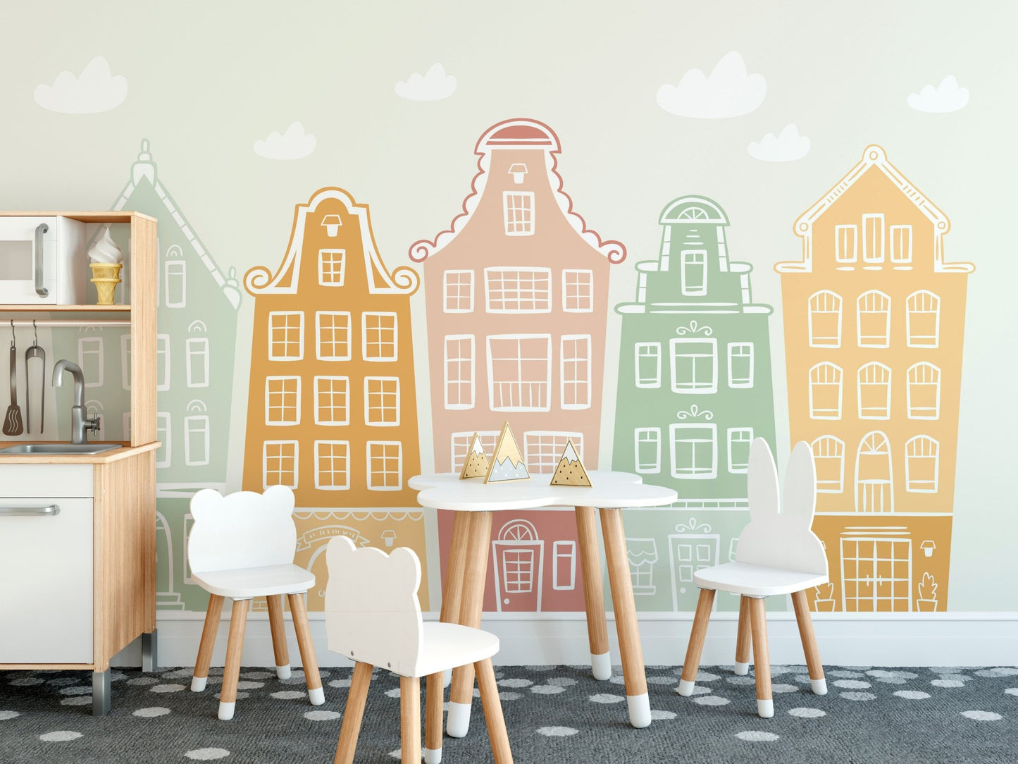 Building block bonanza mural for lively and imaginative dining room interiors.