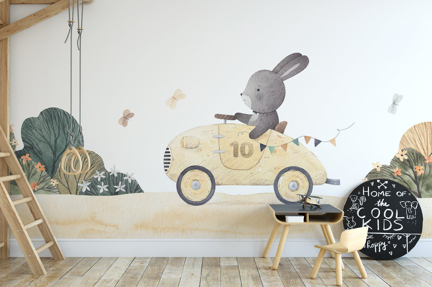 Vintage race car bunny illustration wall mural in pastel shade.