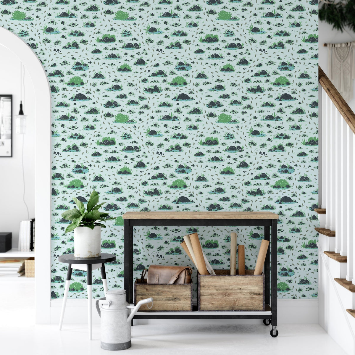 Illustrative footprints wallpaper for a tranquil indoor environment.