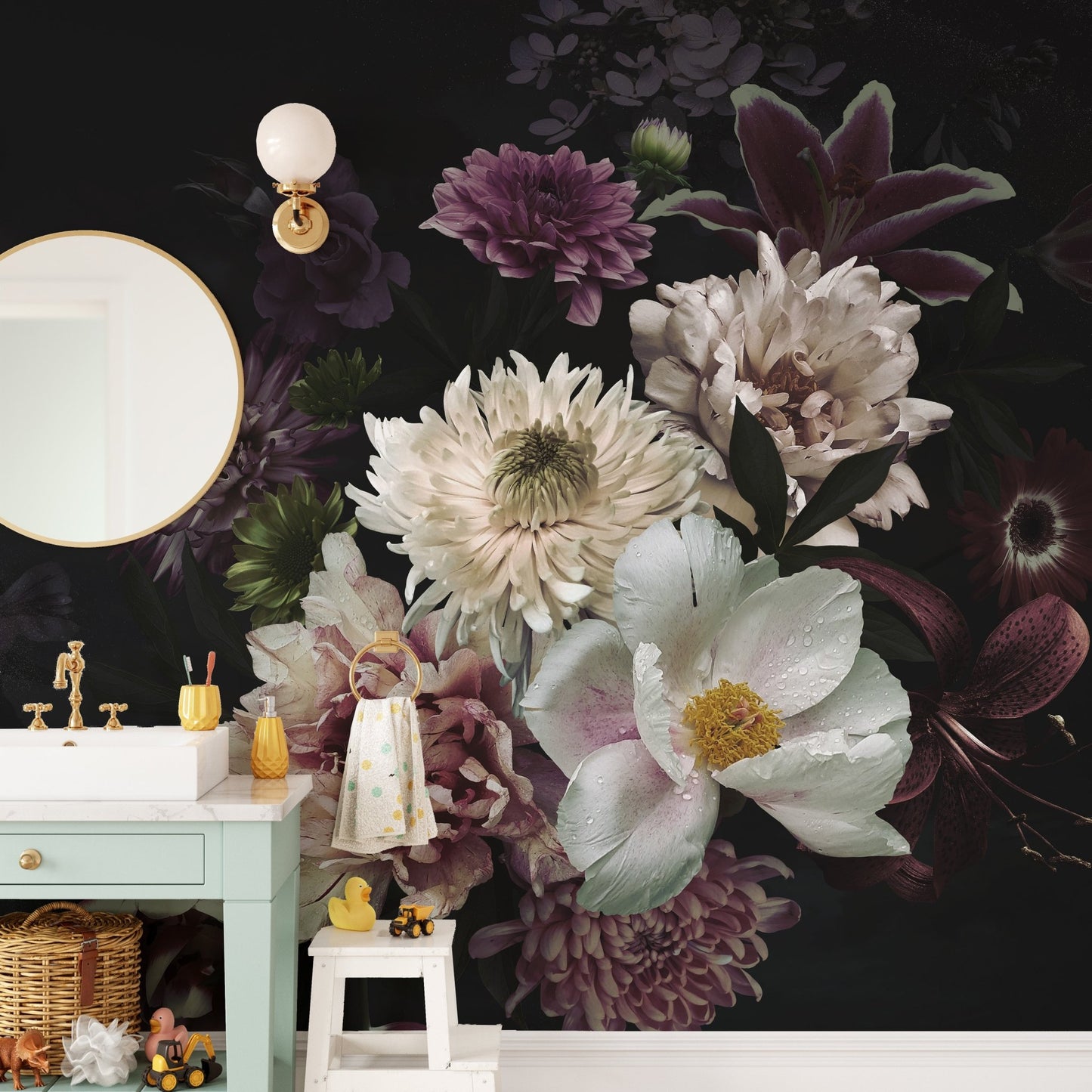 Dark bouquet floral wall mural behind a mint green vanity and round mirror