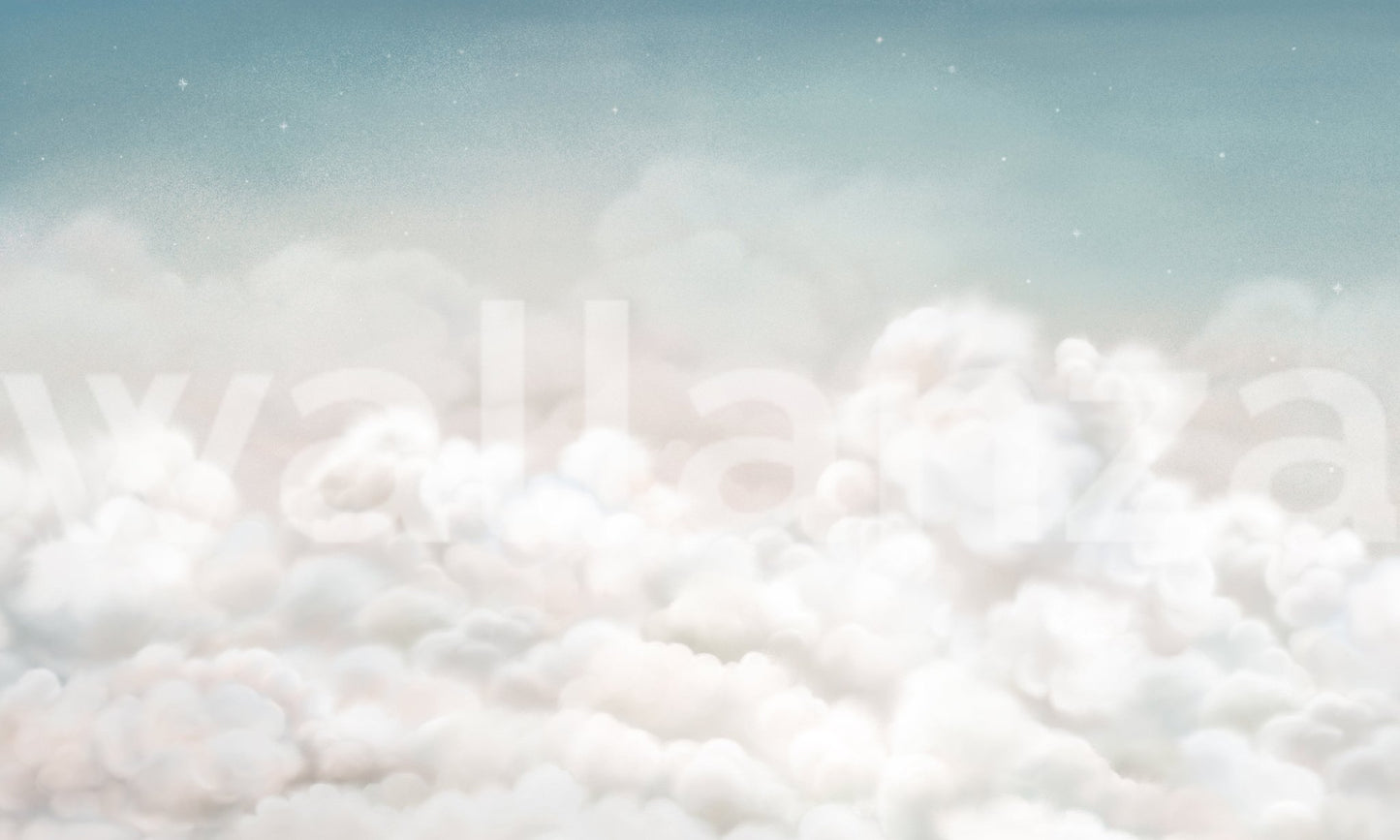 Sky blue wall mural with white cloud formations.