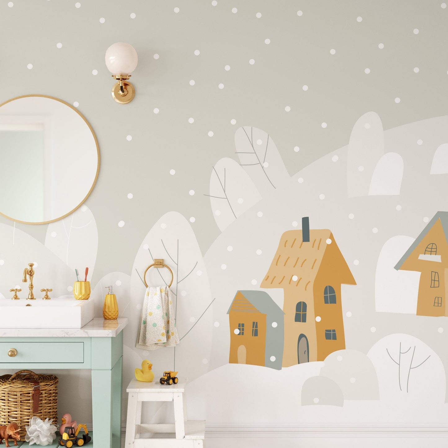 Bathroom wall mural featuring grey mountains and a yellow house design.