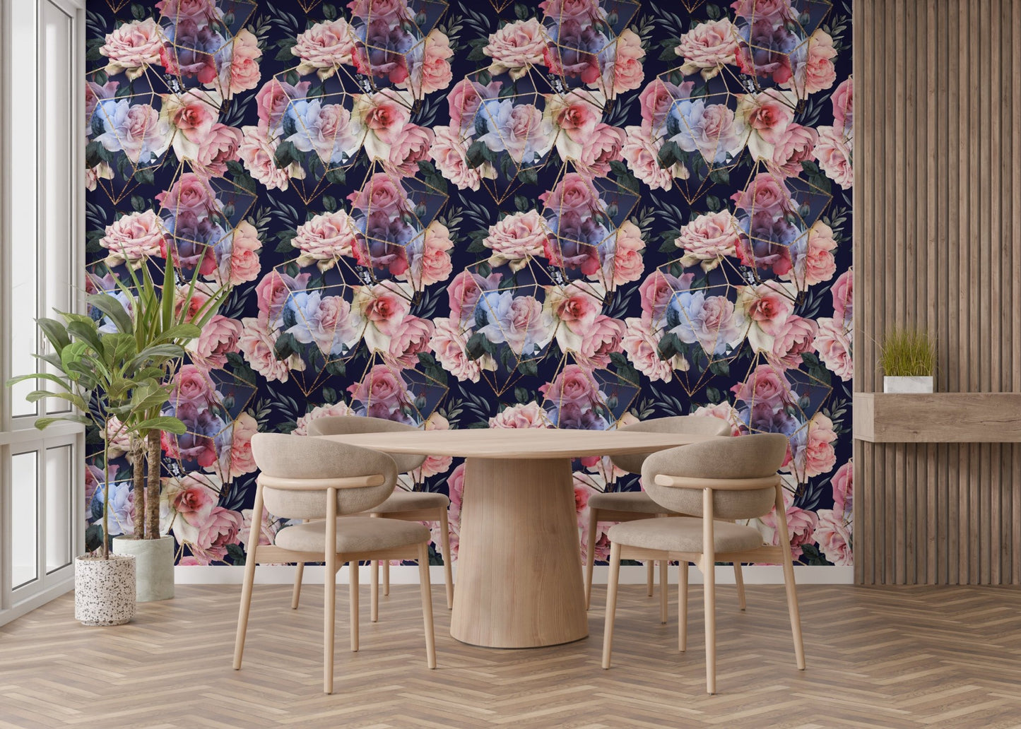 Navy wallpaper with muted rose florals and warm copper structure for dining area.