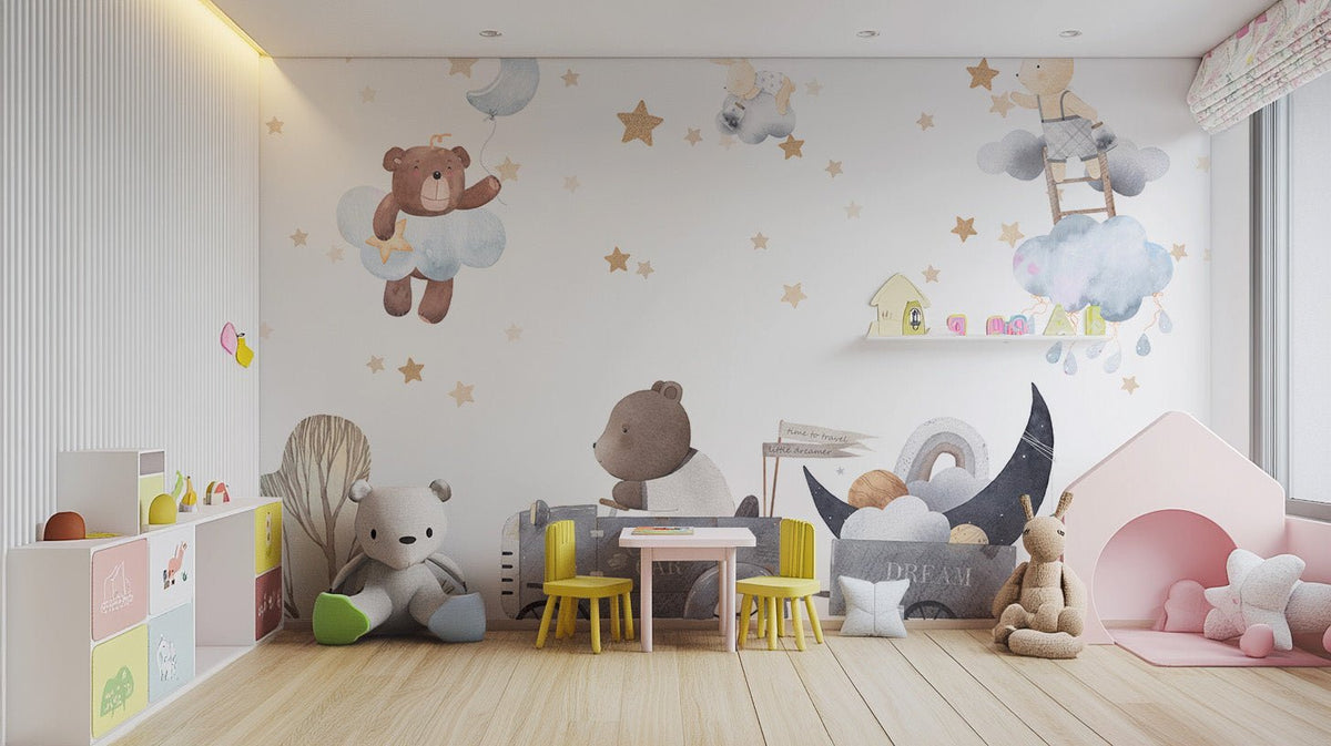 Whimsical cloud train bear art wallpaper wall mural.