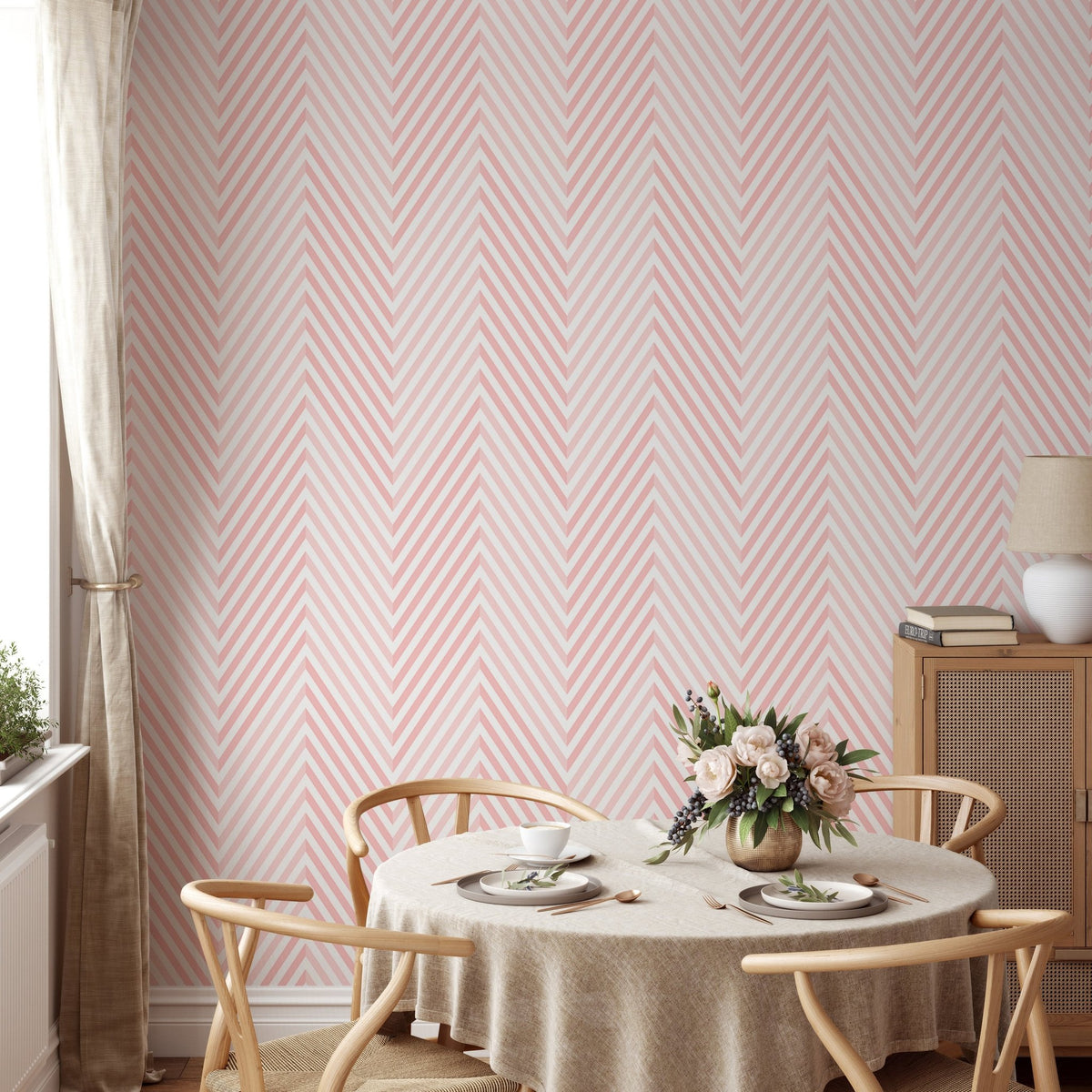 Chevron Pink and White Geometric Vector Wallpaper in a light filled dining space.