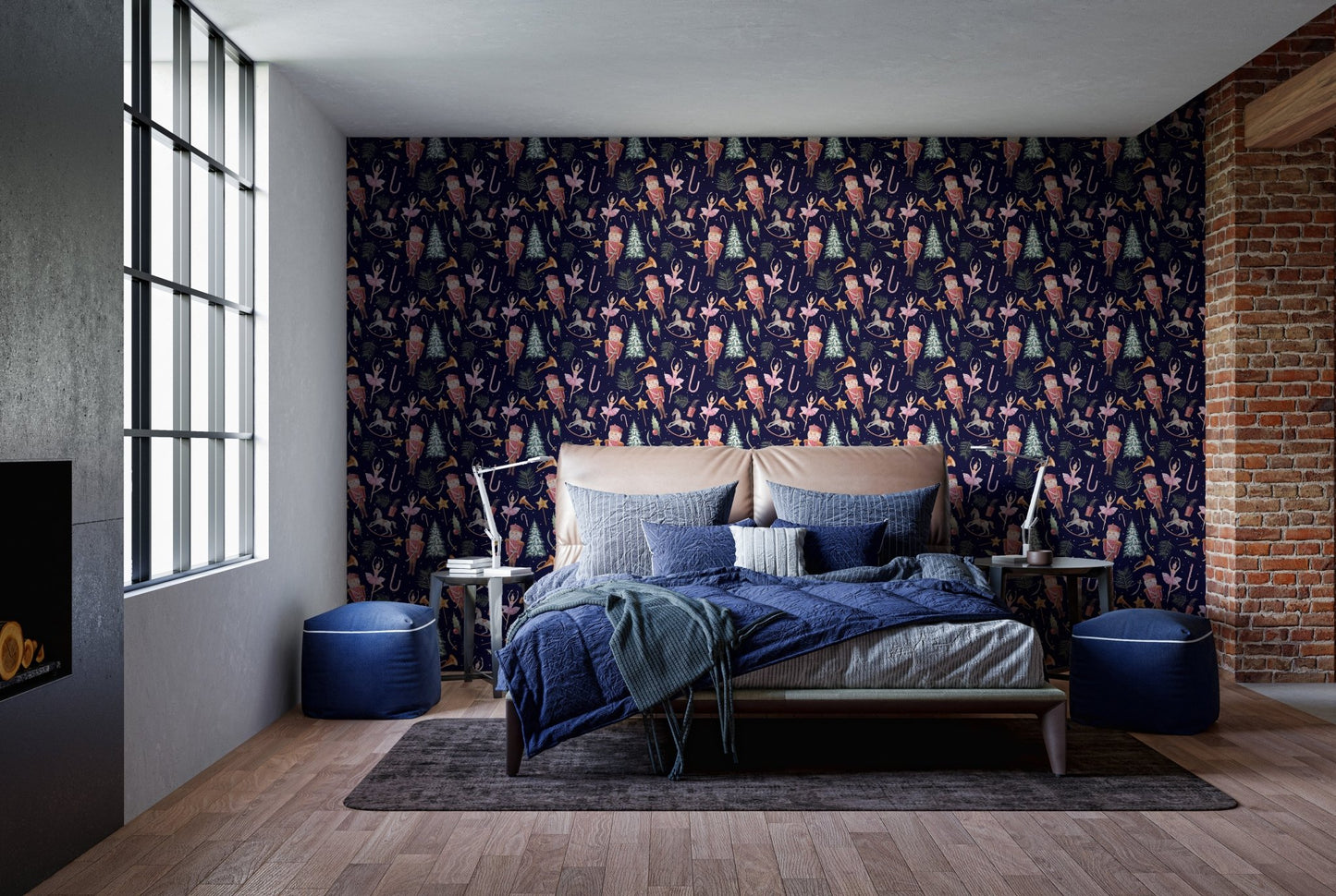 Bedroom wall mural featuring artistic festive figures on dark blue.