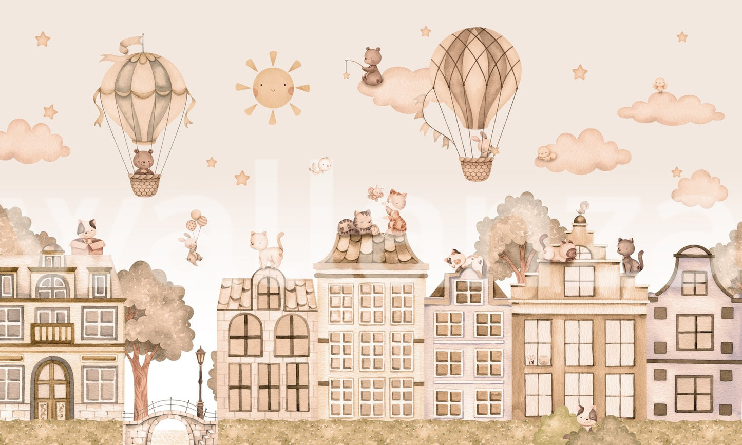 Neutral kids room featuring beige cat and hot air balloon wall mural