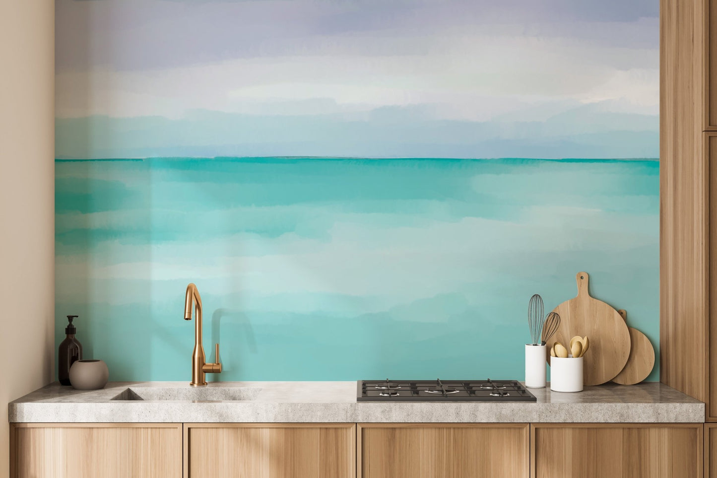 Coastal harmony wall mural pastel teal abstract wall mural design.