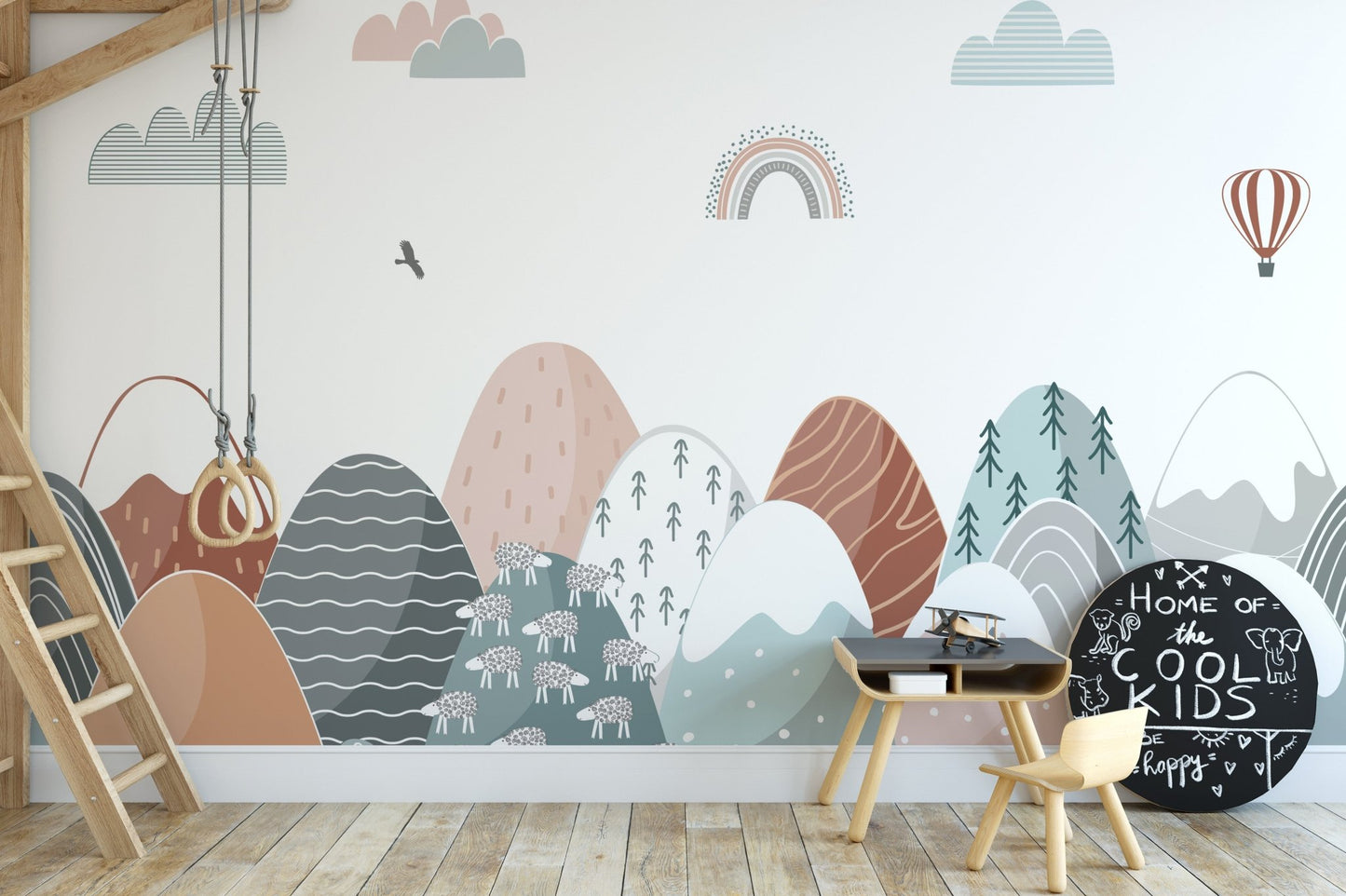 Colorful climb mural for dynamic and creative kids' interiors.