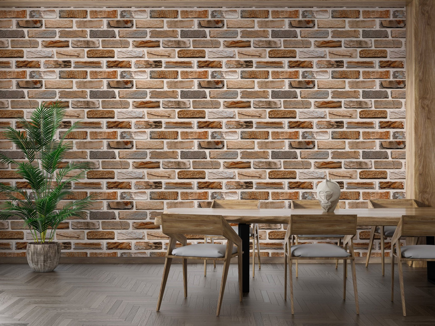 Seamless brick wallpaper behind a dining table with four wooden chairs.