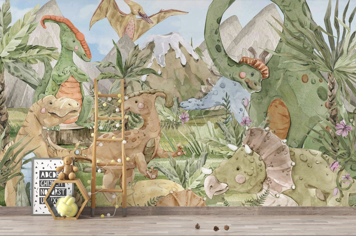 Soft pastel dino wall mural with illustrated mountain scenery.