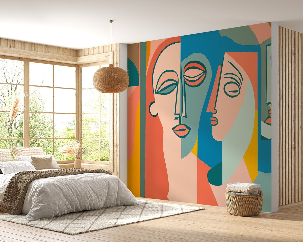 Stylized face art wall mural in a bright and sophisticated color palette.
