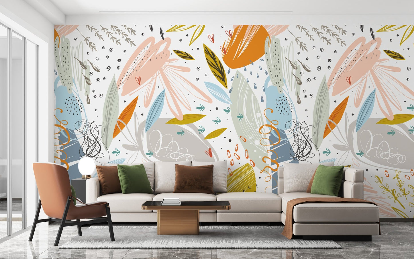 Luxury apartment living room with large scale leaf wall mural behind sectional.