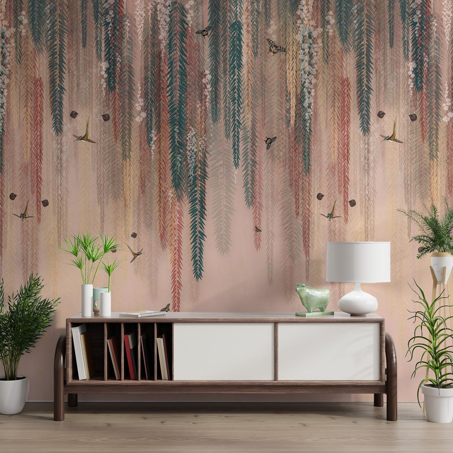 Pastel pink and green foliage wall mural for residential indoor living spaces.