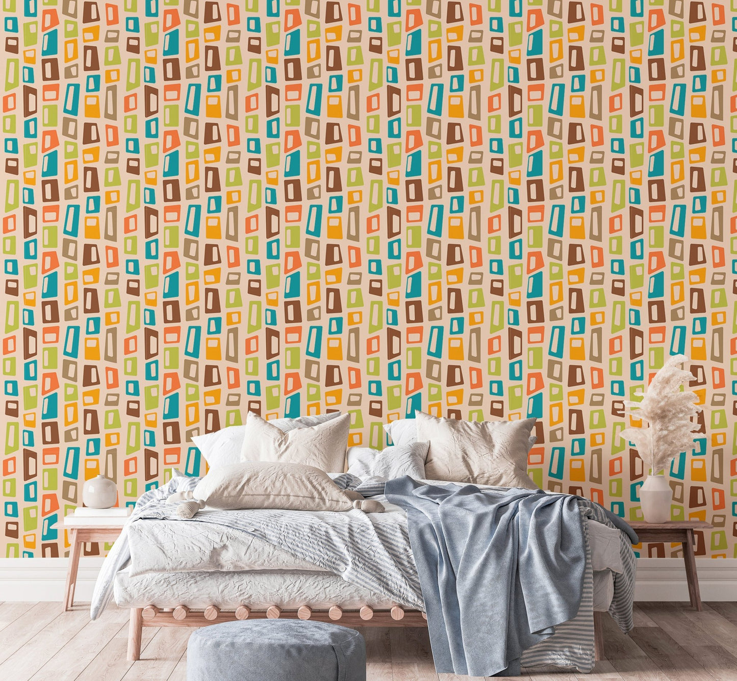 Bedroom bedframe against mid century modern wall mural