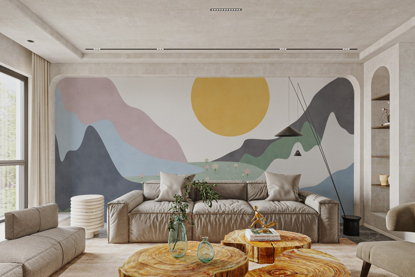 Large sun and pink mountain wall mural for a sunlit seating area.