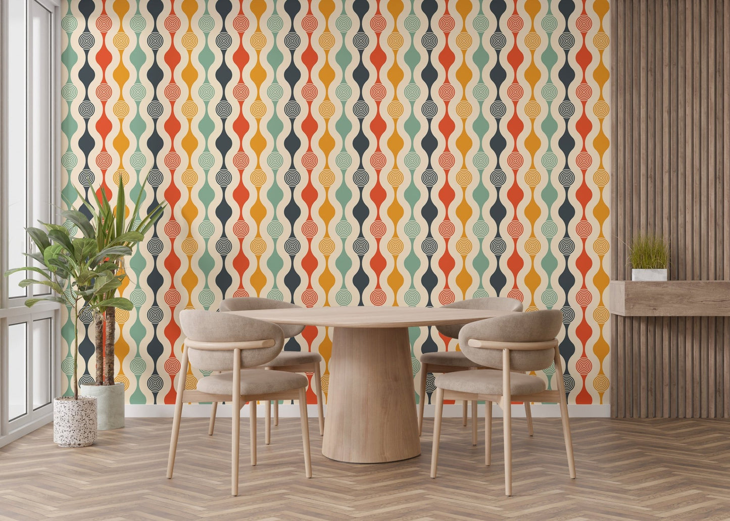 Classic mid century swirl wallpaper wall mural pattern design.