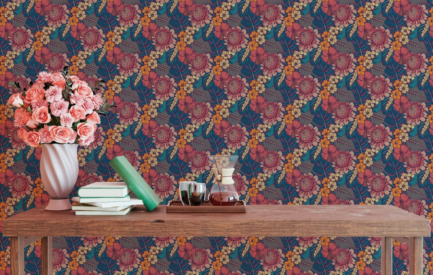 Floral wallpaper pattern in a reading space with a dark wood table and pink flowers.