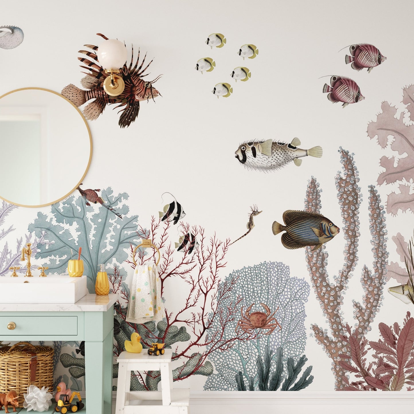 Artistic coral kingdom mural for serene interior spaces.