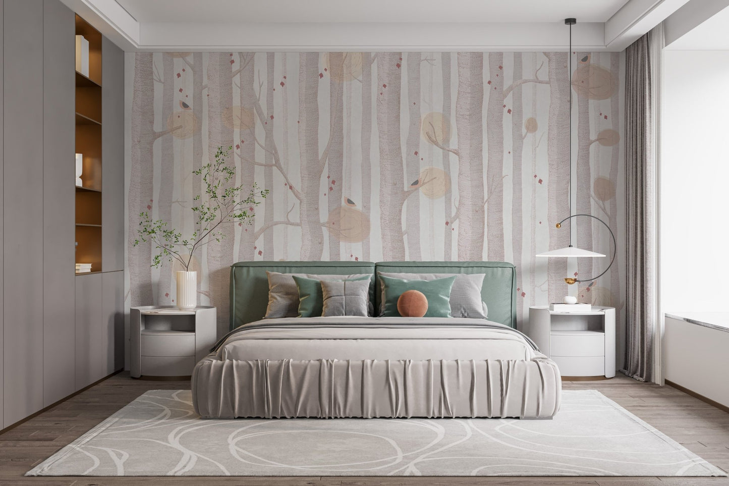 Cream Colored Tree Wall Mural in a bedroom with green accents.