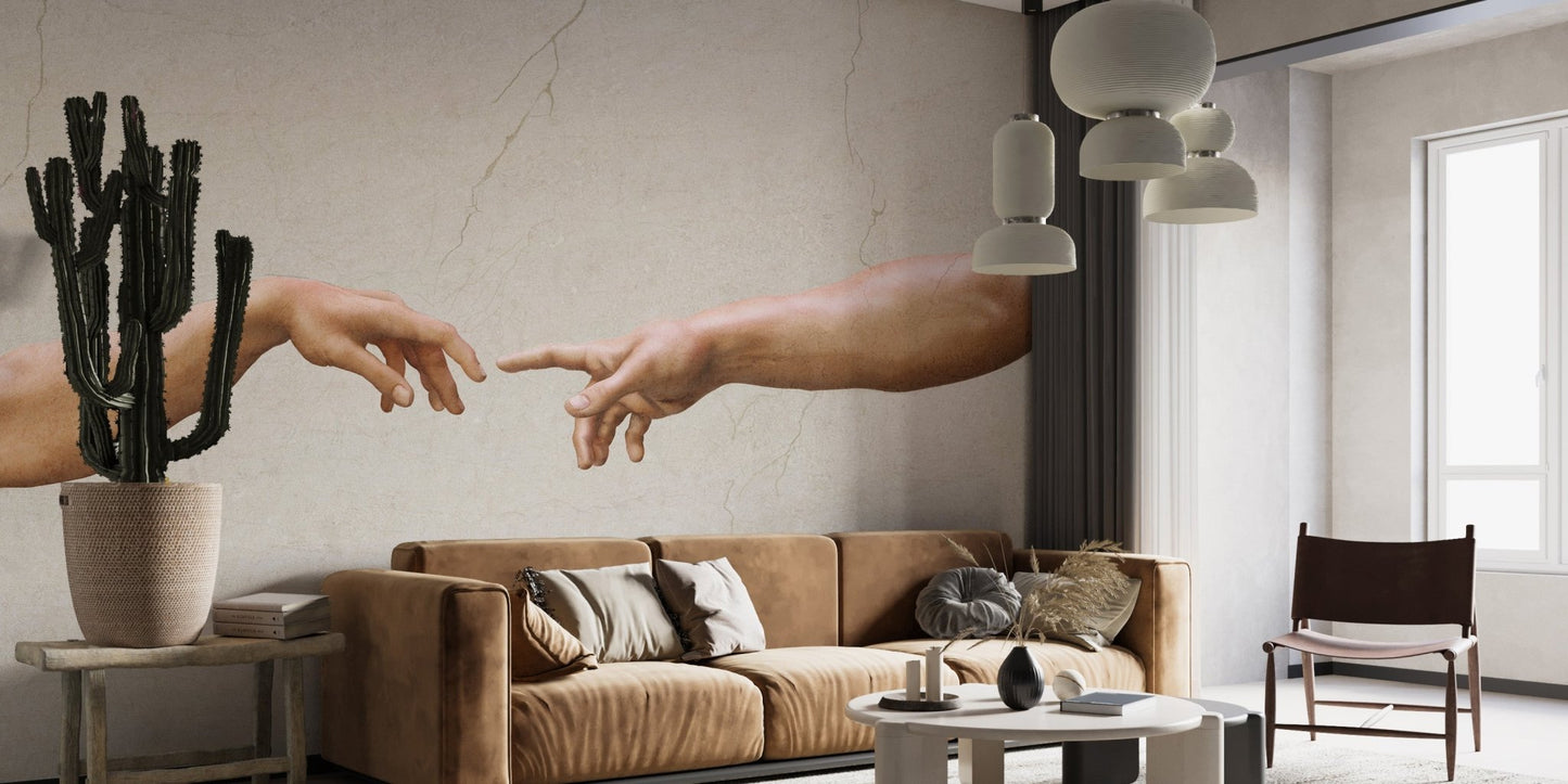 Historic art inspired wallpaper with detailed arm illustration.