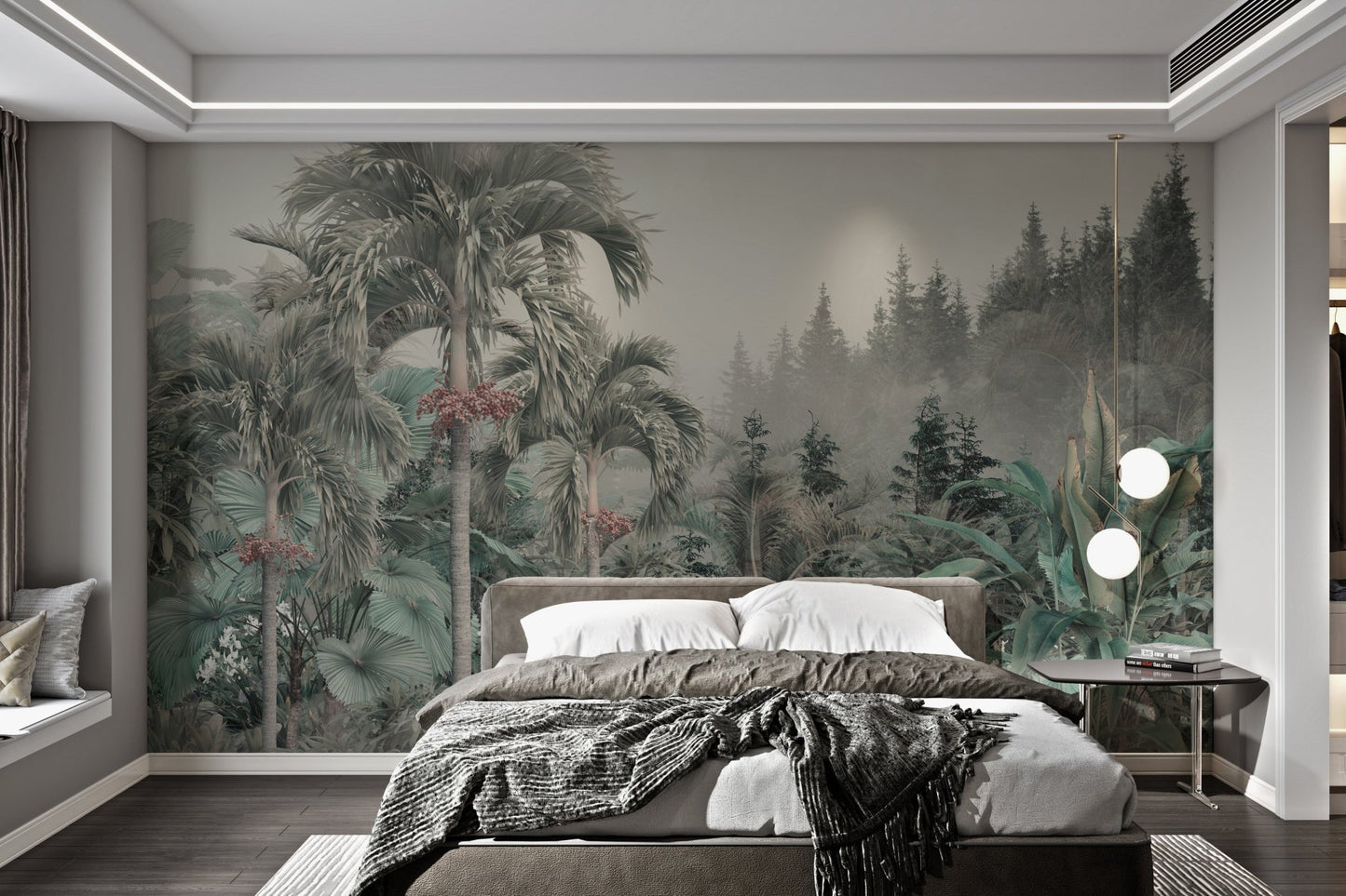 Muted green and grey tropical landscape wall mural for bedroom.