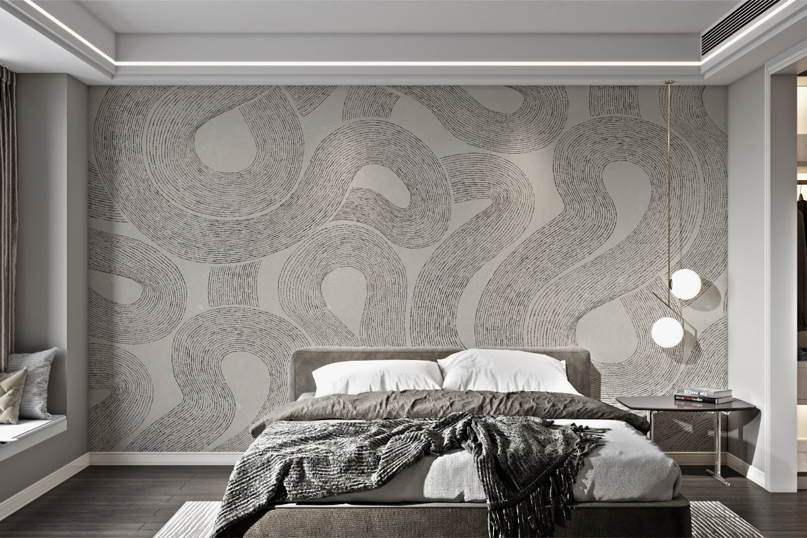 Beige curved line wall mural providing a textured look for a master bedroom