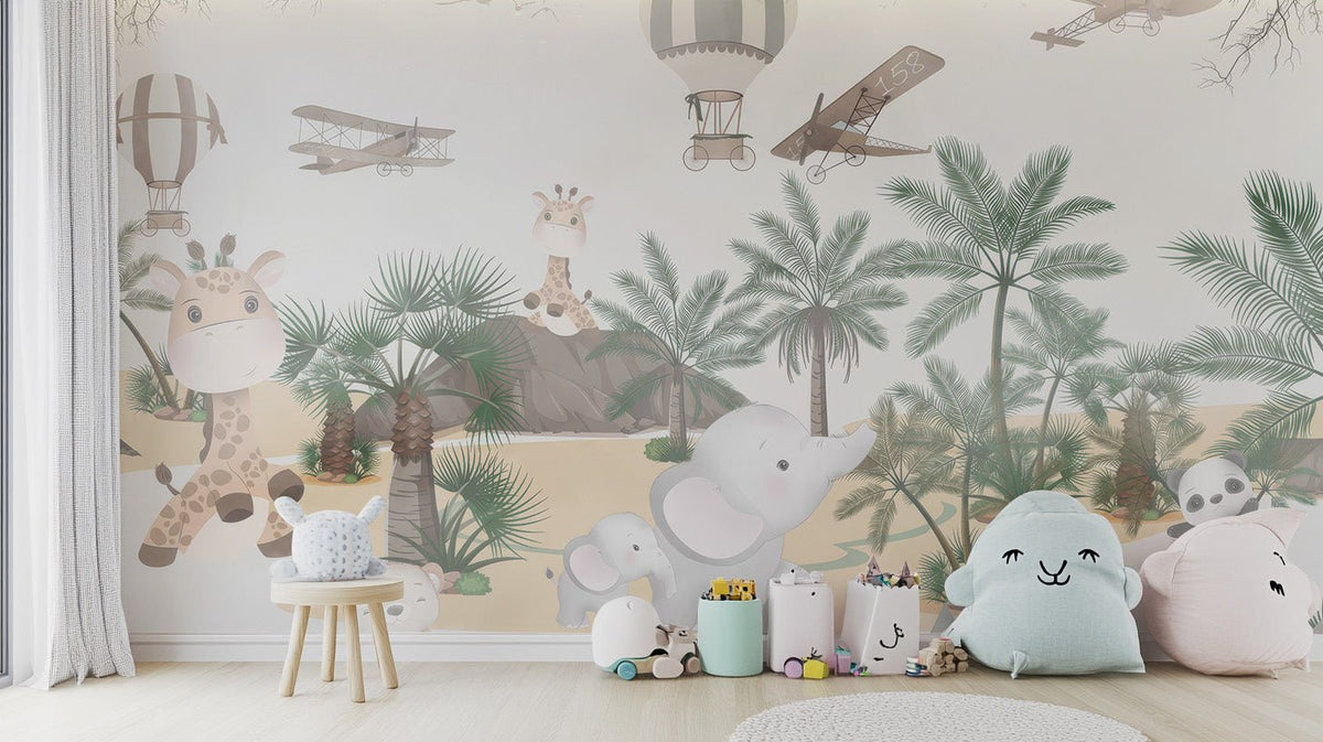 Playful safari wildlife wall mural wallpaper with soft sky tones.
