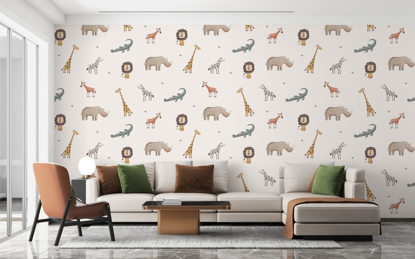 Whimsical safari wallpaper with rhino, lion and zebra illustrations for living space backdrop.