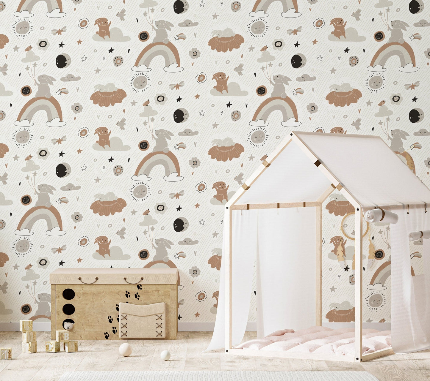 Artistic boho pattern wallpaper in a kids room with a wooden house bed frame.