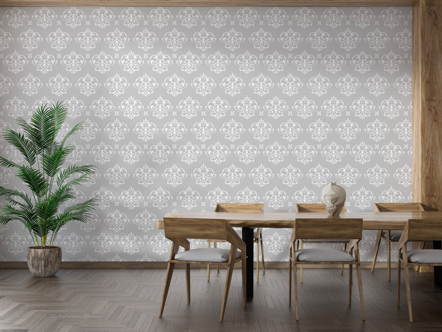 Damask Repeat Pattern Vintage Look Wallpaper in a dining room with wooden chairs.