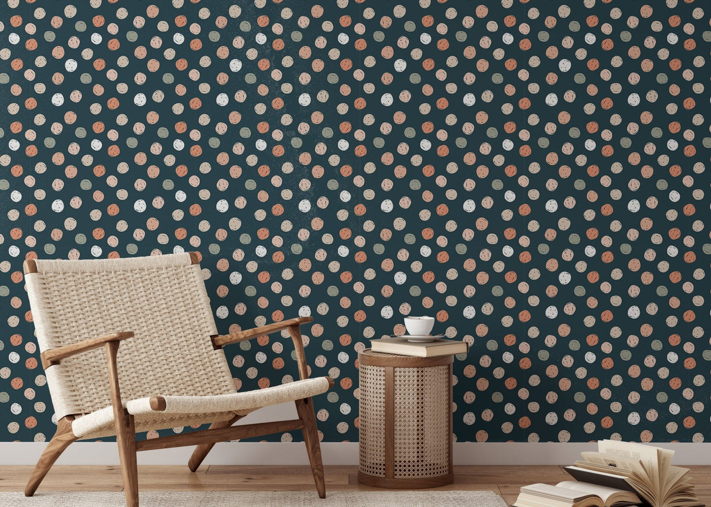 Navy blue wallpaper with irregular dots behind a wooden chair and table in reading room.