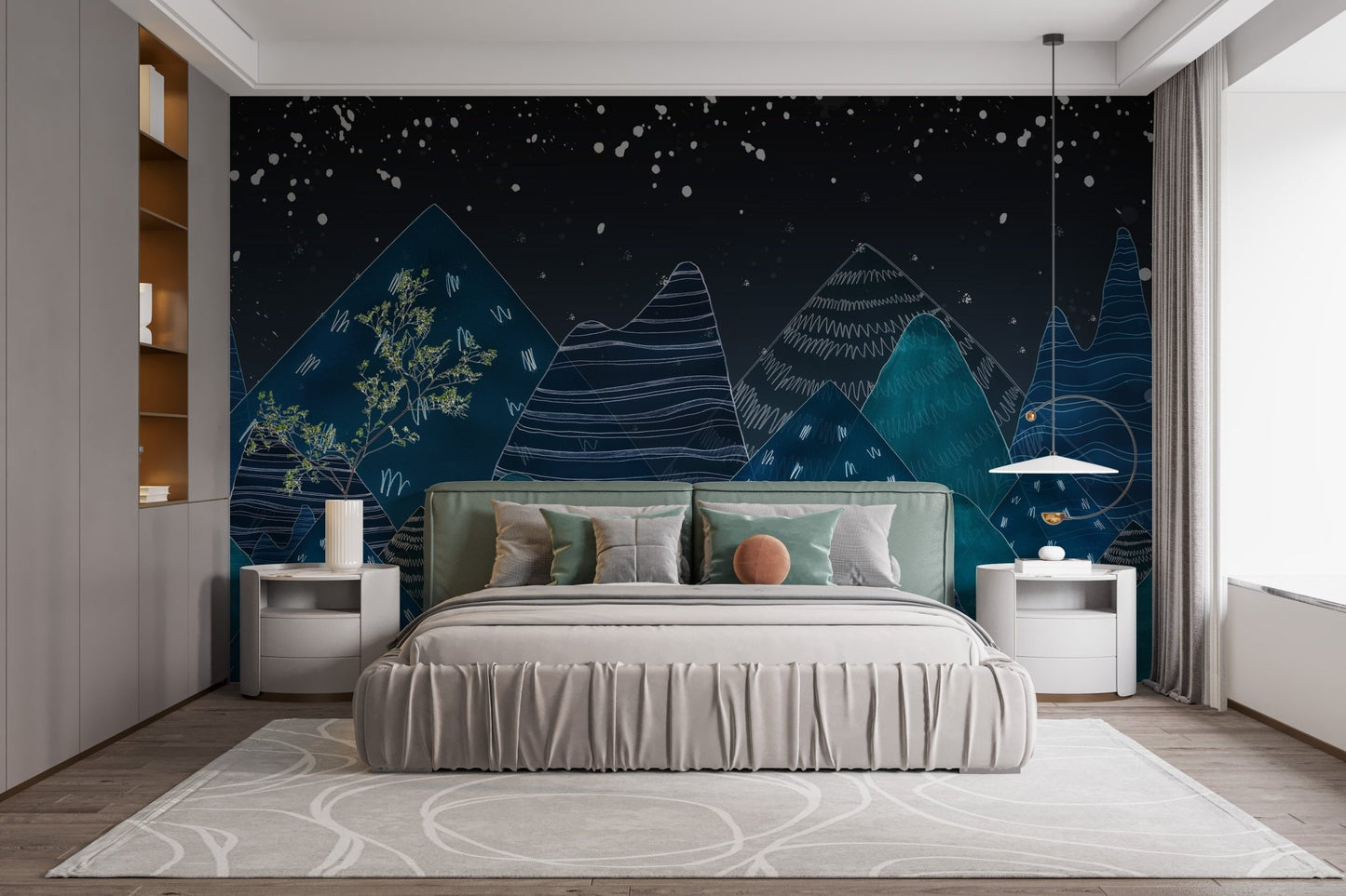 Dark Blue Mountain Wall mural behind a modern bed in a neutral room.